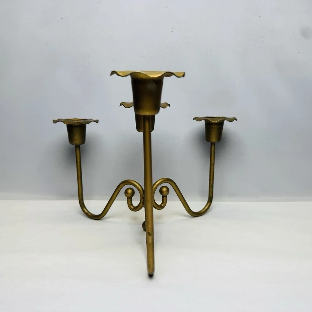 Vintage Brass Gold Tone Candle Holder Mid Century‎ Modern MCM 3 Arm Candelabra